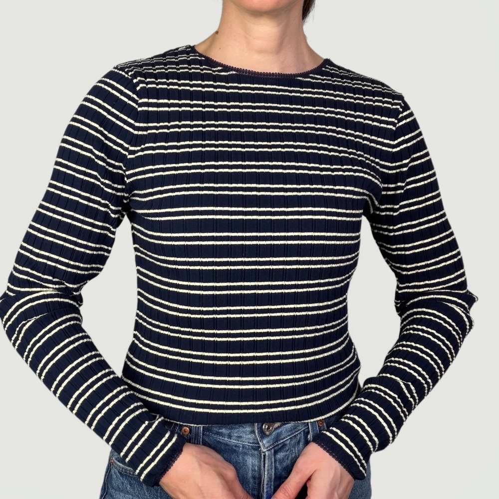 J.Crew Pointelle Knit Striped Ribbed Long Sleeve Lace Trim Top Tee Navy CC997 S